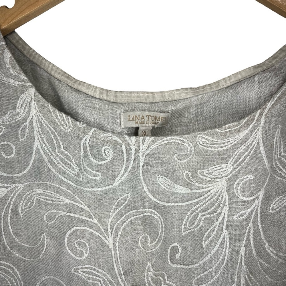 Lina Tomei Elegant Swirl Pattern Embroidered Linen Mini Dress - Picture 2 of 4